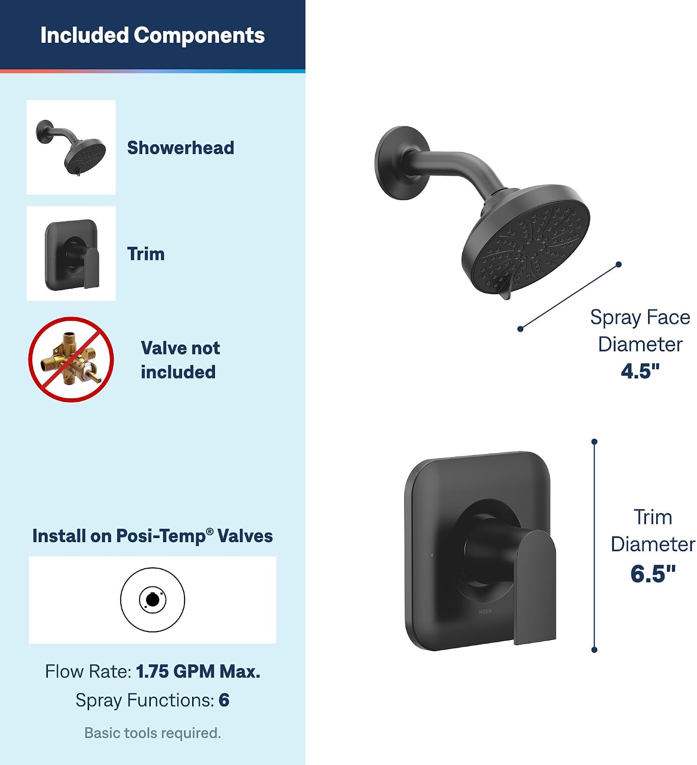 Moen Genta LX Shower Trim Kit, Valve Required, Matte Black, T2472EPBL