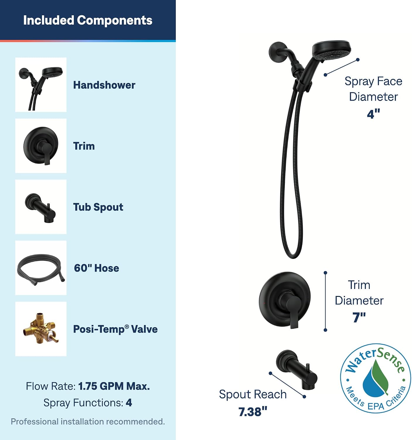 Moen Meena Tub & Shower Faucet, Matte Black, 82618BL