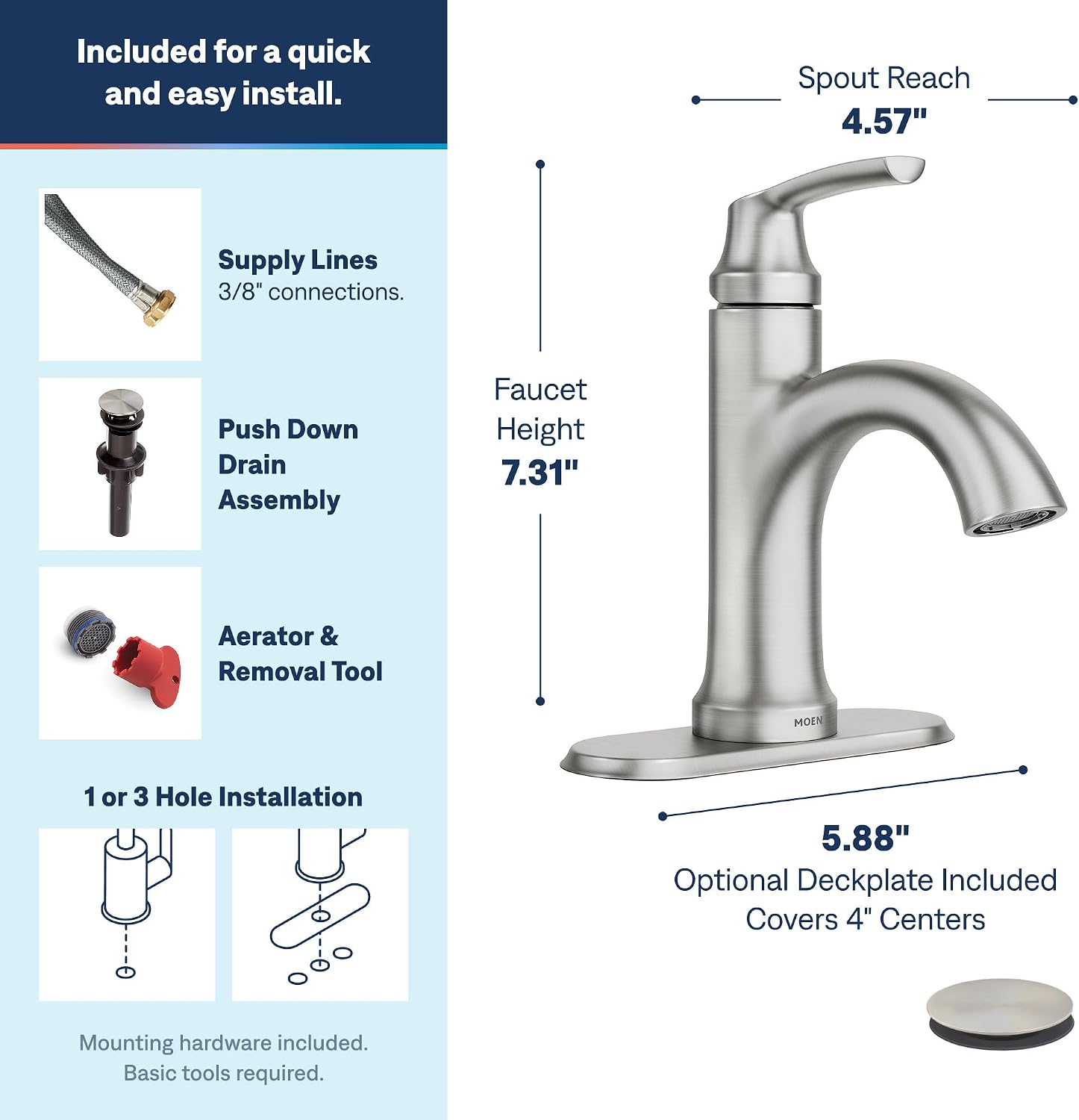 Moen Wellton Single Handle Bathroom Faucet, Spot Resist Nickel, 84980SRN