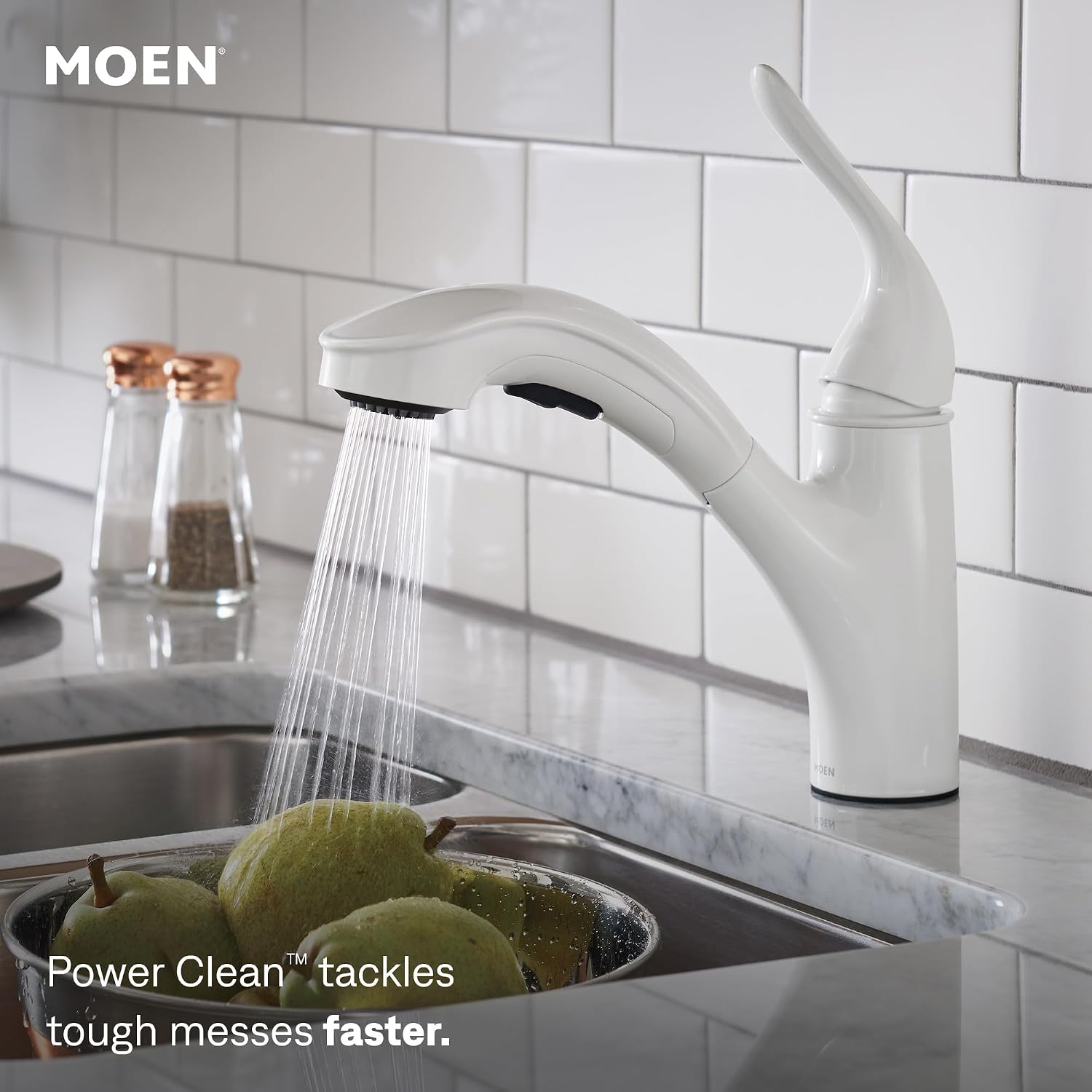 Moen Brecklyn White Pull-Out Kitchen Faucet with Power Clean, 87557W Glacier