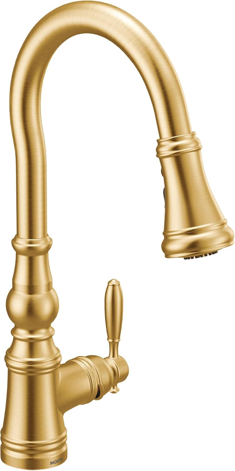 Moen Weymouth Brushed Gold Traditional Shepherd's Hook Pulldown Kitchen Faucet Featuring Pull Down Spray Head with Power Boost, S73004BG