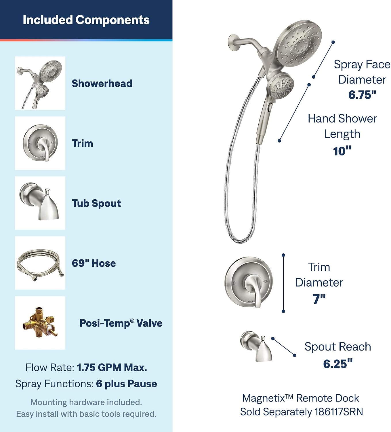 Moen Engage Magnetix Tub & Shower Trim Kit, Brushed Nickel, 82304SRN