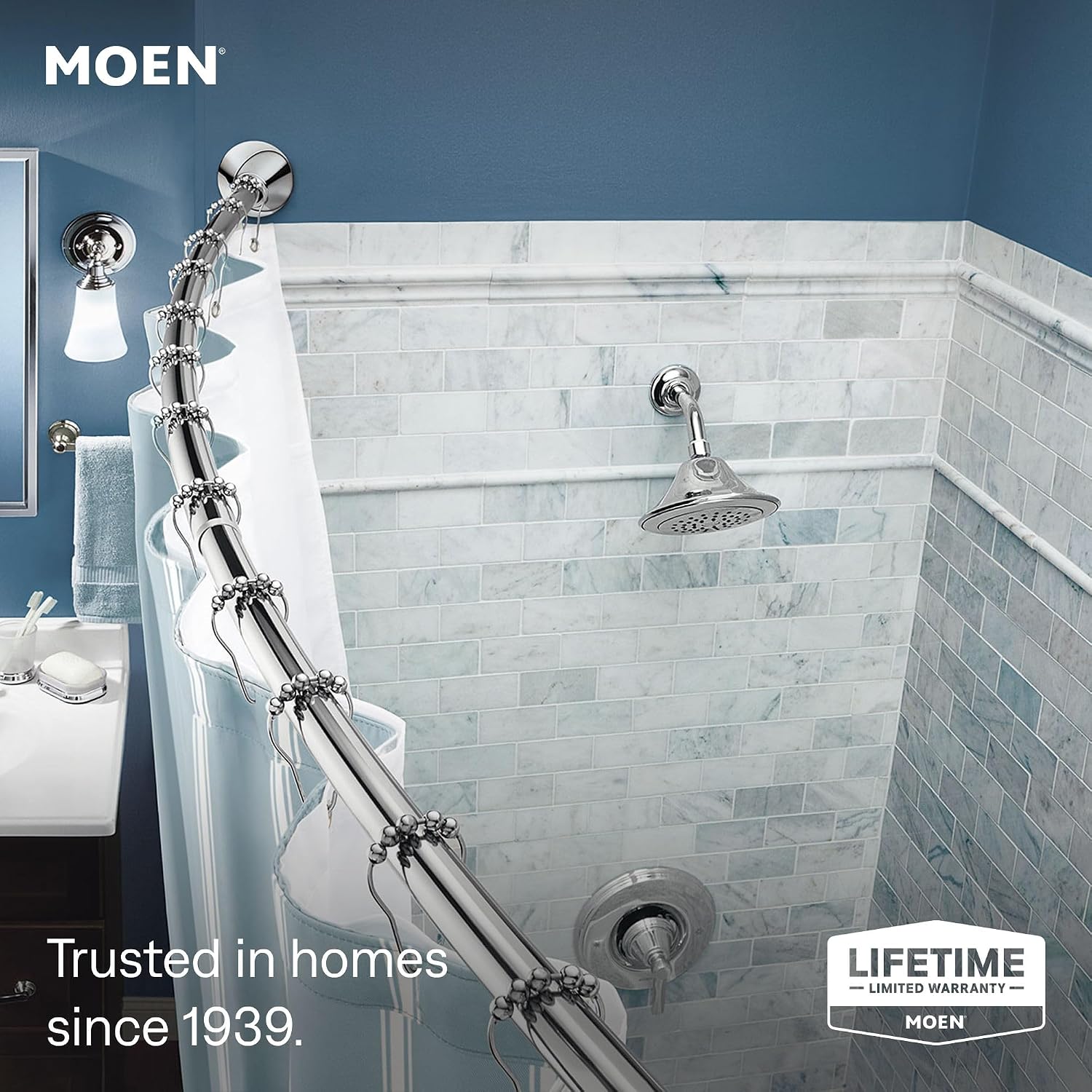 Moen CSR2172CH Curved Tension Shower Curtain Rod, Chrome Finish