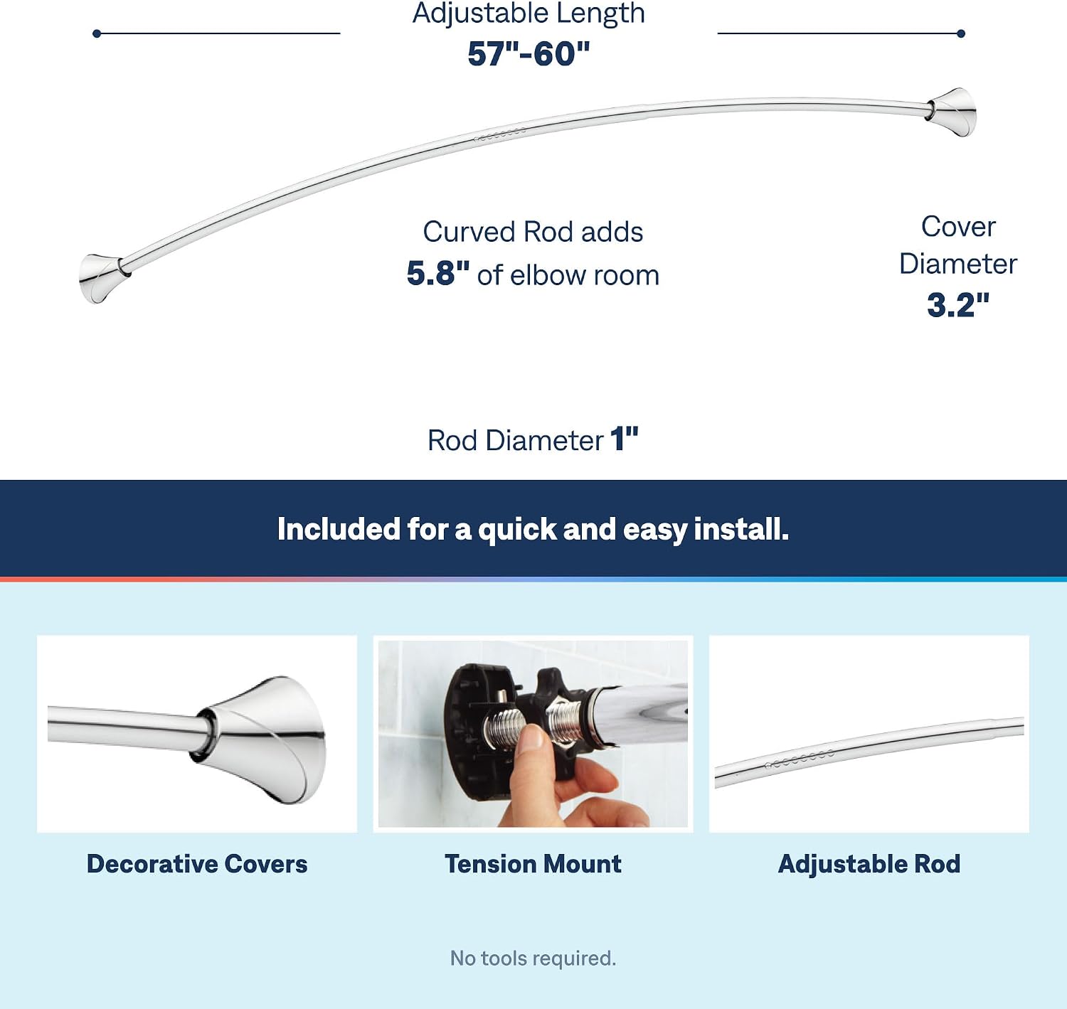 Moen CSR2172CH Curved Tension Shower Curtain Rod, Chrome Finish