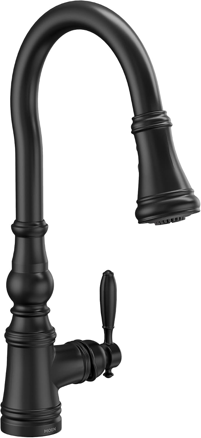 Moen Weymouth Matte Black Shepherd's Hook Pulldown Kitchen Faucet Featuring Metal Pull Down Sprayer with Power Boost, S73004BL
