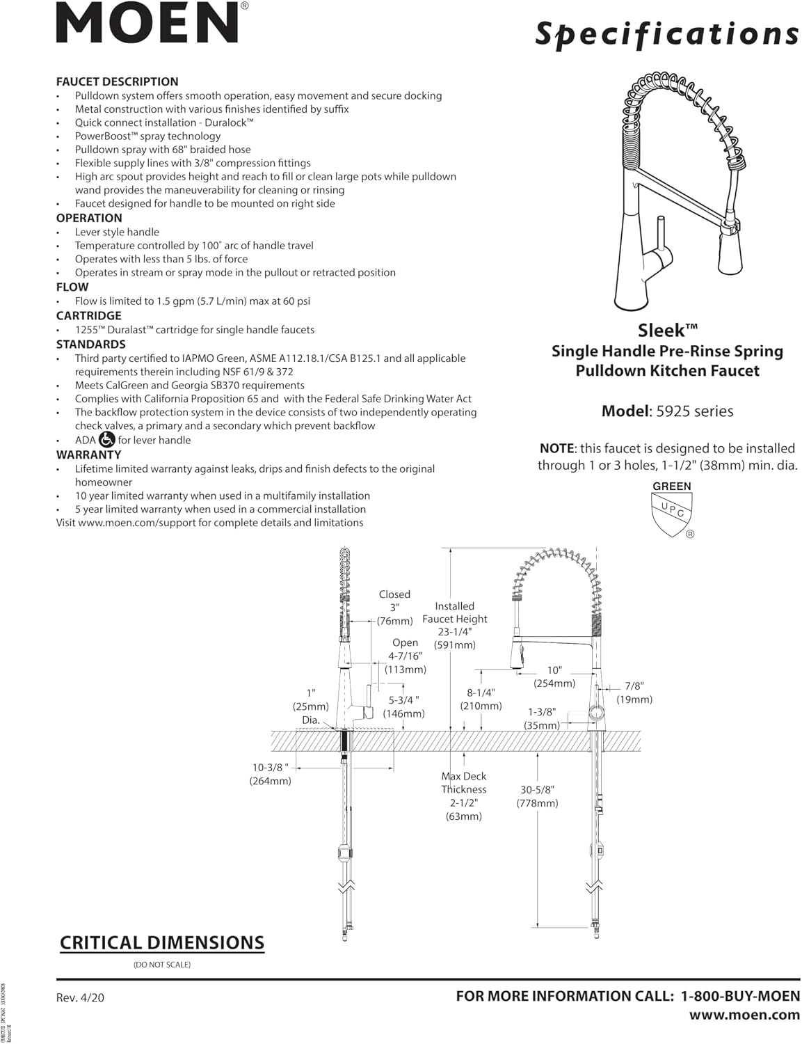 Moen 5925BL Sleek Pulldown Kitchen Faucet, Black Matte Black