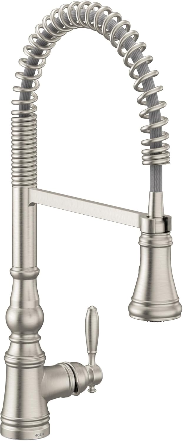 Moen Weymouth Spot Resist Stainless One Handle Pre-Rinse Spring Pulldown Kitchen Faucet, Traditional Farmhouse Kitchen Sink Faucet with Power Boost, S73104SRS