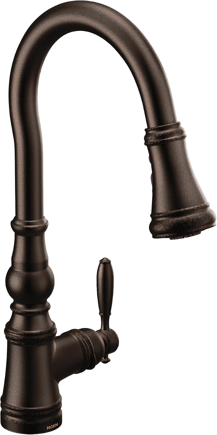 Moen Weymouth Oil Rubbed Bronze Pulldown Kitchen Faucet Featuring Power Boost, Traditional Shepherd's Hook Kitchen Faucet, One-Handle Easy Installation, S73004ORB