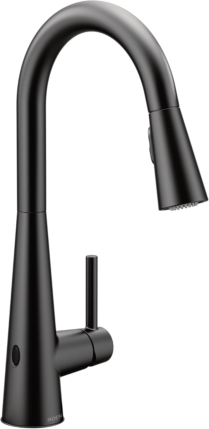 Moen Sleek Matte Black Motionsense Wave Sensor Touchless One-Handle High Arc Pulldown Modern Kitchen Faucet Featuring Power Clean, Motion Activated Kitchen Sink Faucet, 7864EWBL