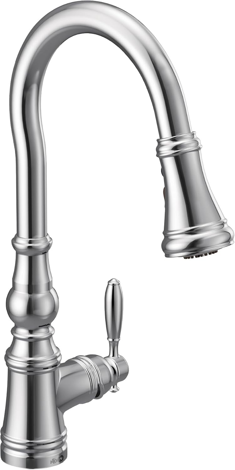 Moen S73004 Weymouth Shepherd's Hook Pulldown Kitchen Faucet Featuring Metal Wand with Power Boost, Chrome