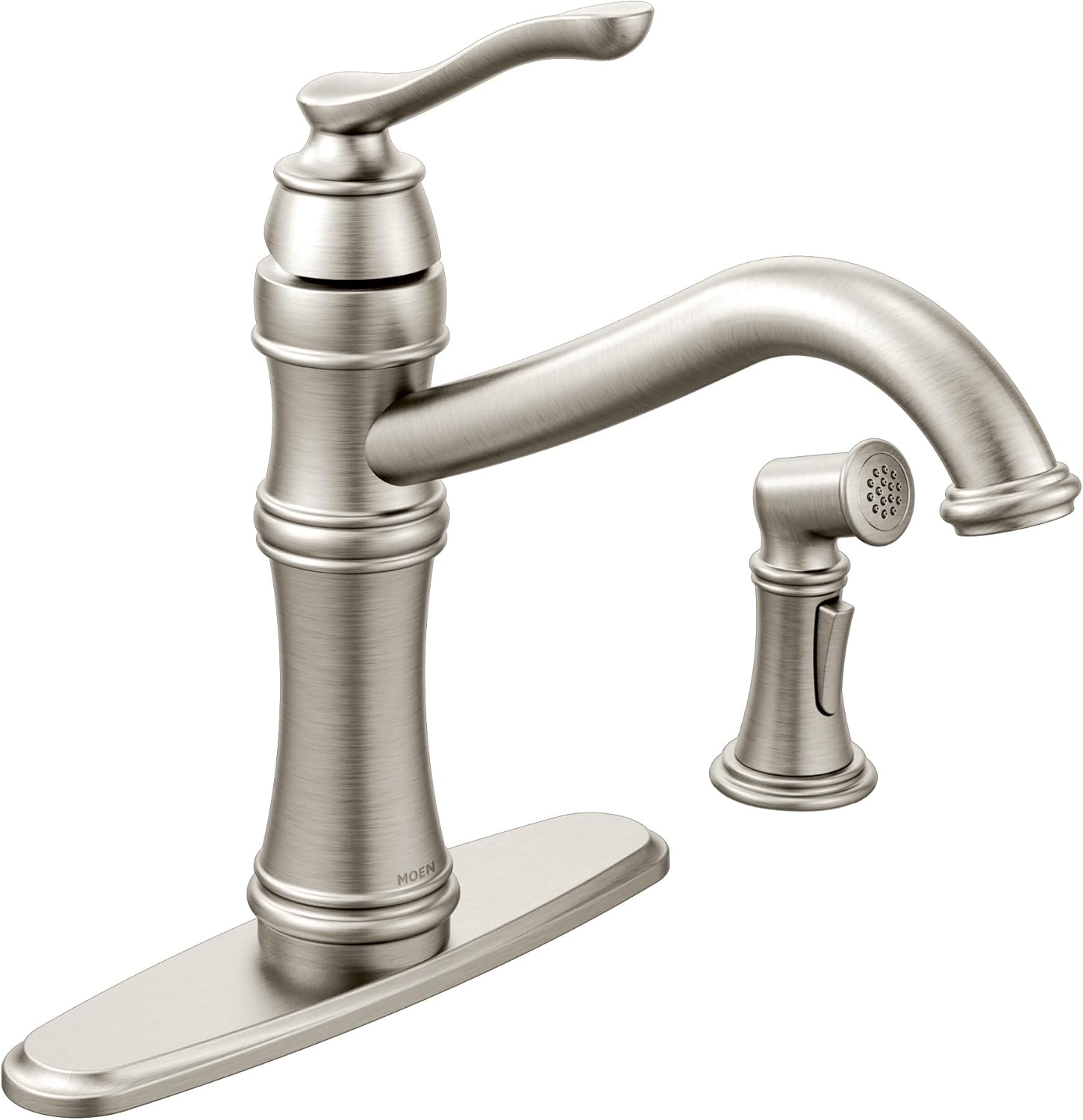 Moen Belfield Spot Resist Stainless Traditional One Handle High Arc Kitchen Faucet with Side Spray and Optional Deckplate Included, 7245SRS Stainless Steel