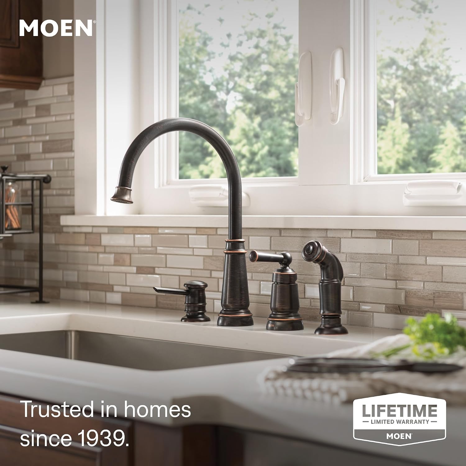 Moen 87042BRB Mediterranean Bronze High Arc Kitchen Faucet with Soap Dispenser