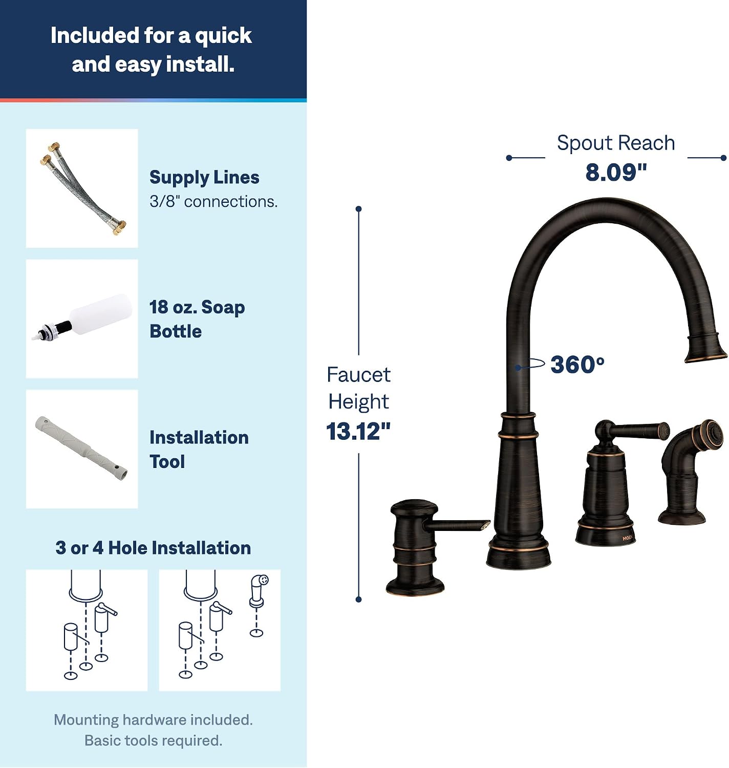 Moen 87042BRB Mediterranean Bronze High Arc Kitchen Faucet with Soap Dispenser