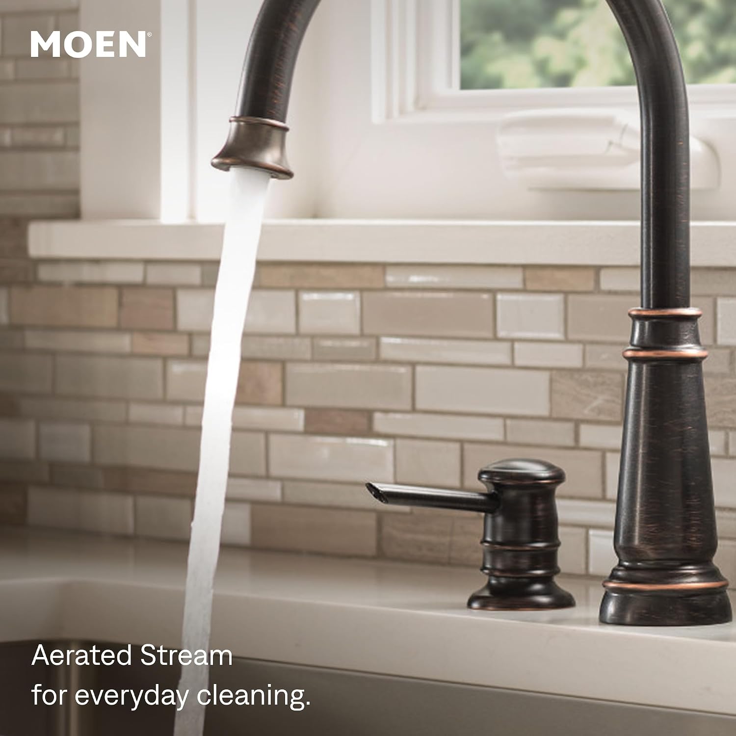Moen 87042BRB Mediterranean Bronze High Arc Kitchen Faucet with Soap Dispenser