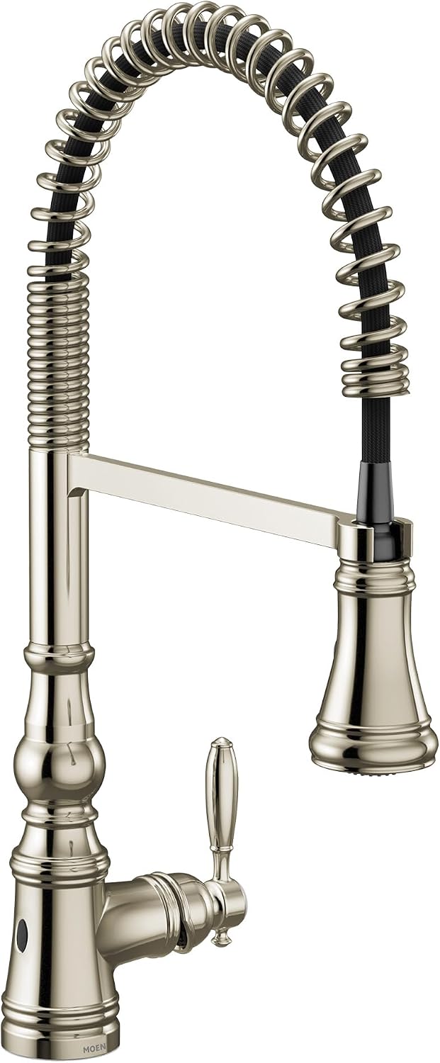 Moen Weymouth Polished Nickel Motionsense Wave Touchless Kitchen Faucet, Traditional Spring Kitchen Sink Faucet with Pulldown Sprayer and Hands-Free Sensor, S73104EWNL