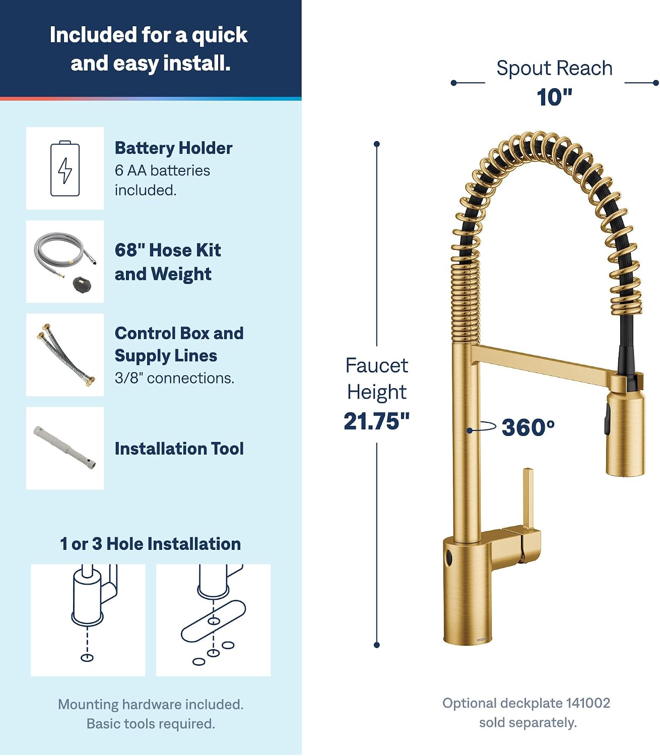 Moen 5923EWBG Align Spring Touchless Kitchen Faucet, Brushed Gold