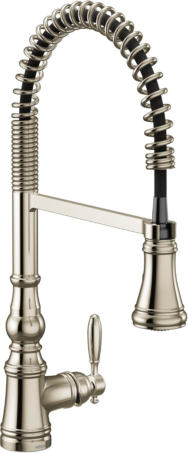 Moen Weymouth Polished Nickel Pulldown Kitchen Faucet with Pre-Rinse and Power Boost for a Faster Clean, Traditional Spring Style Kitchen Faucet, One-Handle Easy Installation, S73104NL