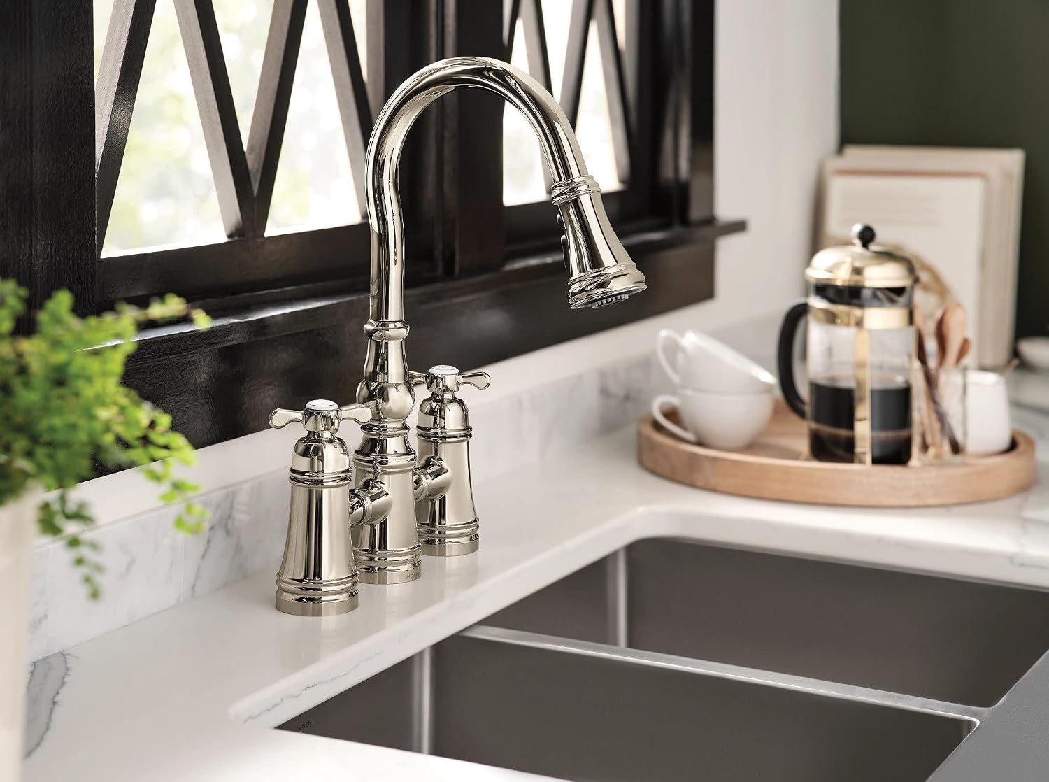 Moen S73204NL Weymouth Two Handle Pulldown Bridge Kitchen Faucet, Polished Nickel