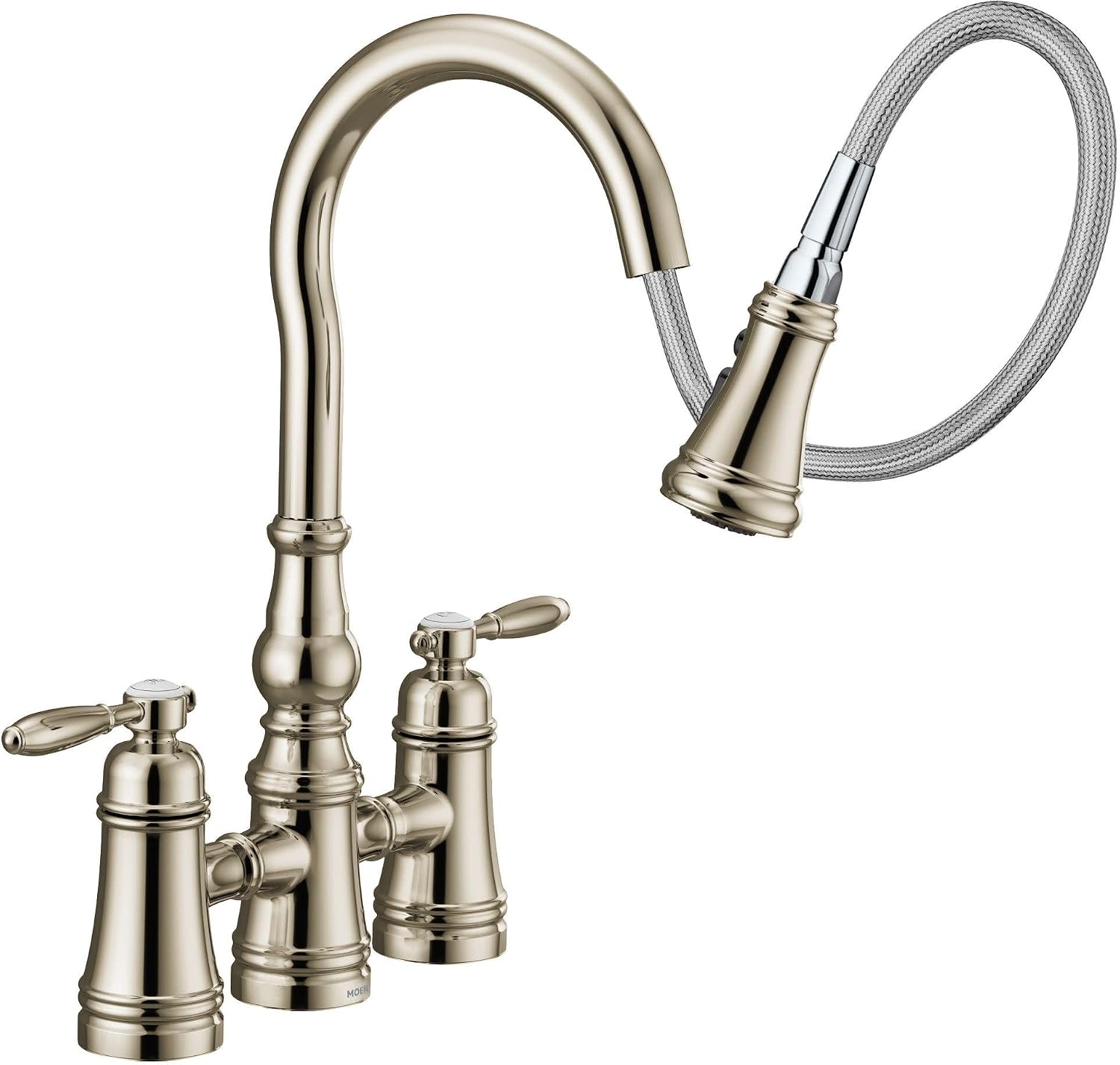 Moen S73204NL Weymouth Two Handle Pulldown Bridge Kitchen Faucet, Polished Nickel