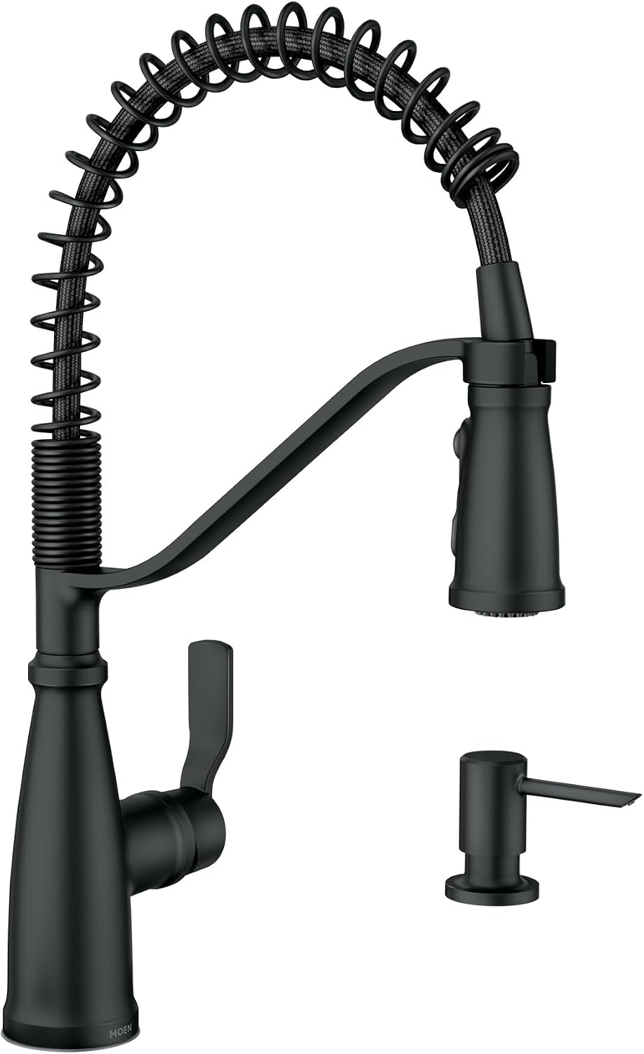 Moen Nolia Matte Black One-Handle Pre-Rinse Spring Kitchen Faucet with Pull Down Sprayer, Single Hole Kitchen Sink Faucet with Soap Dispenser, 87886BL