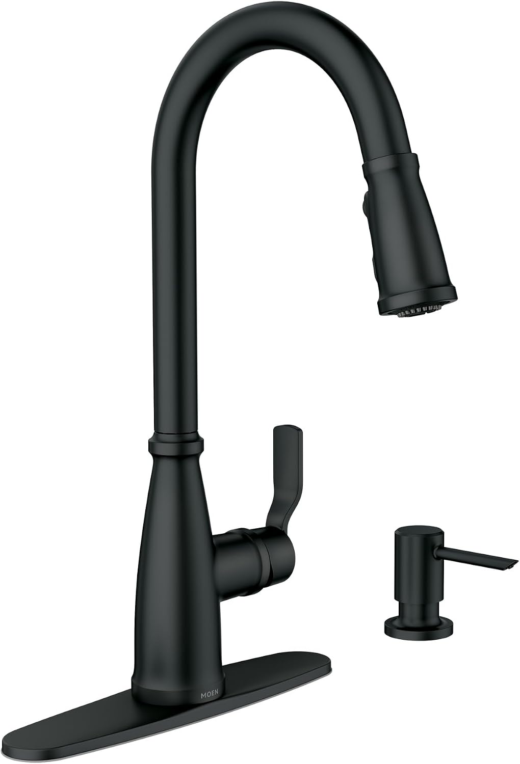 Moen Nolia Matte Black Kitchen Faucet with Soap Dispenser, Pull Down Sprayer with Power Boost, Transitional High Arc Kitchen Faucet, One-Handle Easy Installation, 87071BL