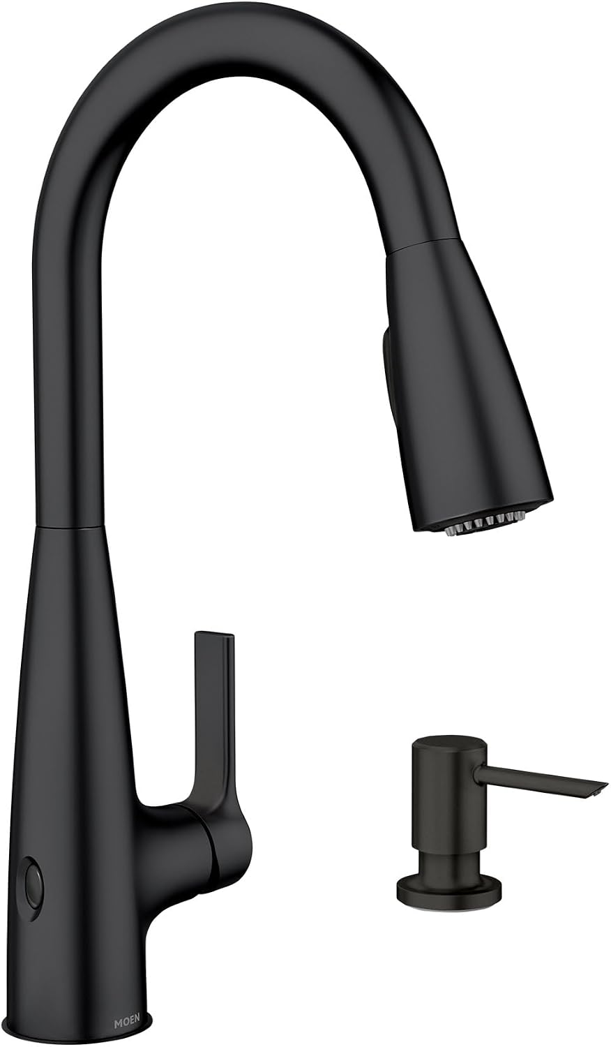 Moen Haelyn Matte Black Touchless Single-Handle Pull-Down Sprayer Kitchen Faucet with Soap Dispenser, Features Power Clean for a Faster Wash, 87627EWBL