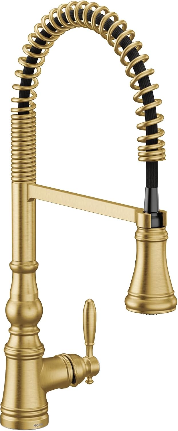 Moen WeymouthBrushed Gold One Handle Pre-Rinse Spring Farmhouse Pulldown Kitchen Faucet with Power Boost for a Faster Clean, S73104BG