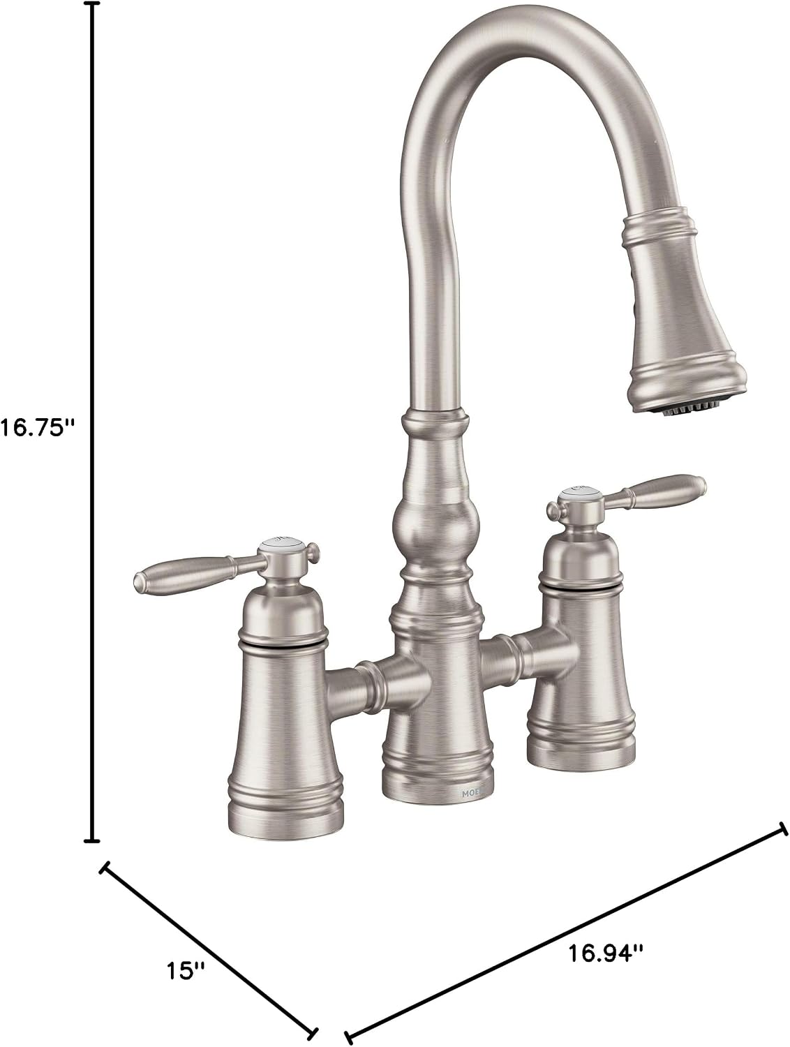 Moen S73204SRS Weymouth Two Handle Pulldown Bridge Kitchen Faucet, Spot Resist Stainless