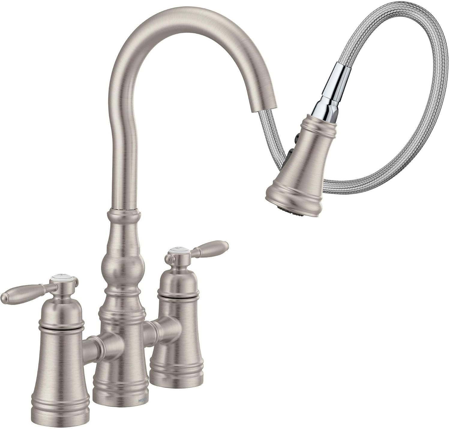 Moen S73204SRS Weymouth Two Handle Pulldown Bridge Kitchen Faucet, Spot Resist Stainless