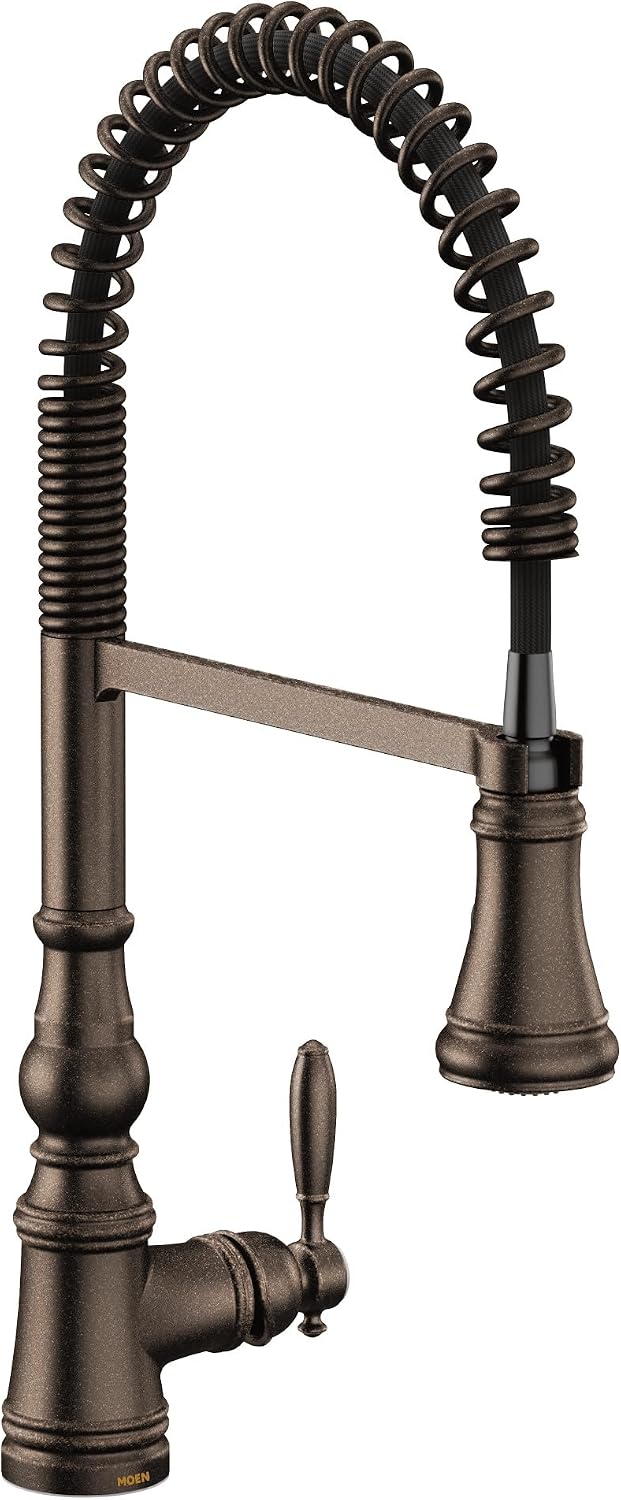 Moen Weymouth Oil Rubbed Bronze One Handle Spring Pulldown Kitchen Faucet, Farmhouse Kitchen Sink Faucet with Power Boost for a Faster Clean, S73104ORB