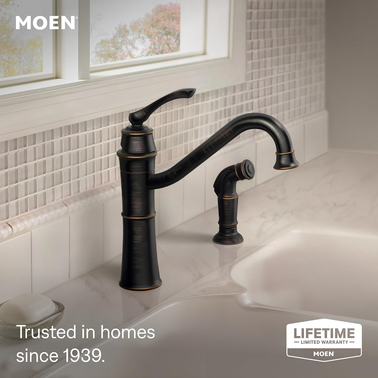 Moen Wetherly Mediterranean Bronze High-Arc Kitchen Faucet with Side Spray, 87999BRB