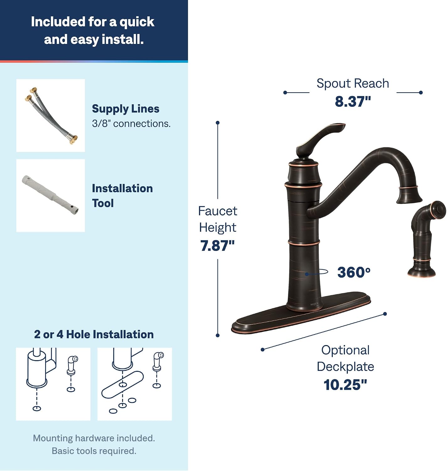 Moen Wetherly Mediterranean Bronze High-Arc Kitchen Faucet with Side Spray, 87999BRB