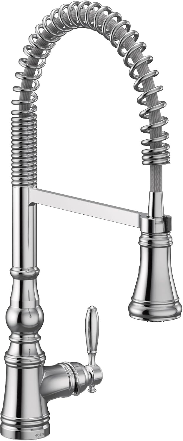Moen Weymouth Chrome One-Handle Spring Pulldown Kitchen Faucet with Power Boost for a Faster Clean, Kitchen Faucet with Pull Down Sprayer for Bar, RV, Farmhouse, S73104