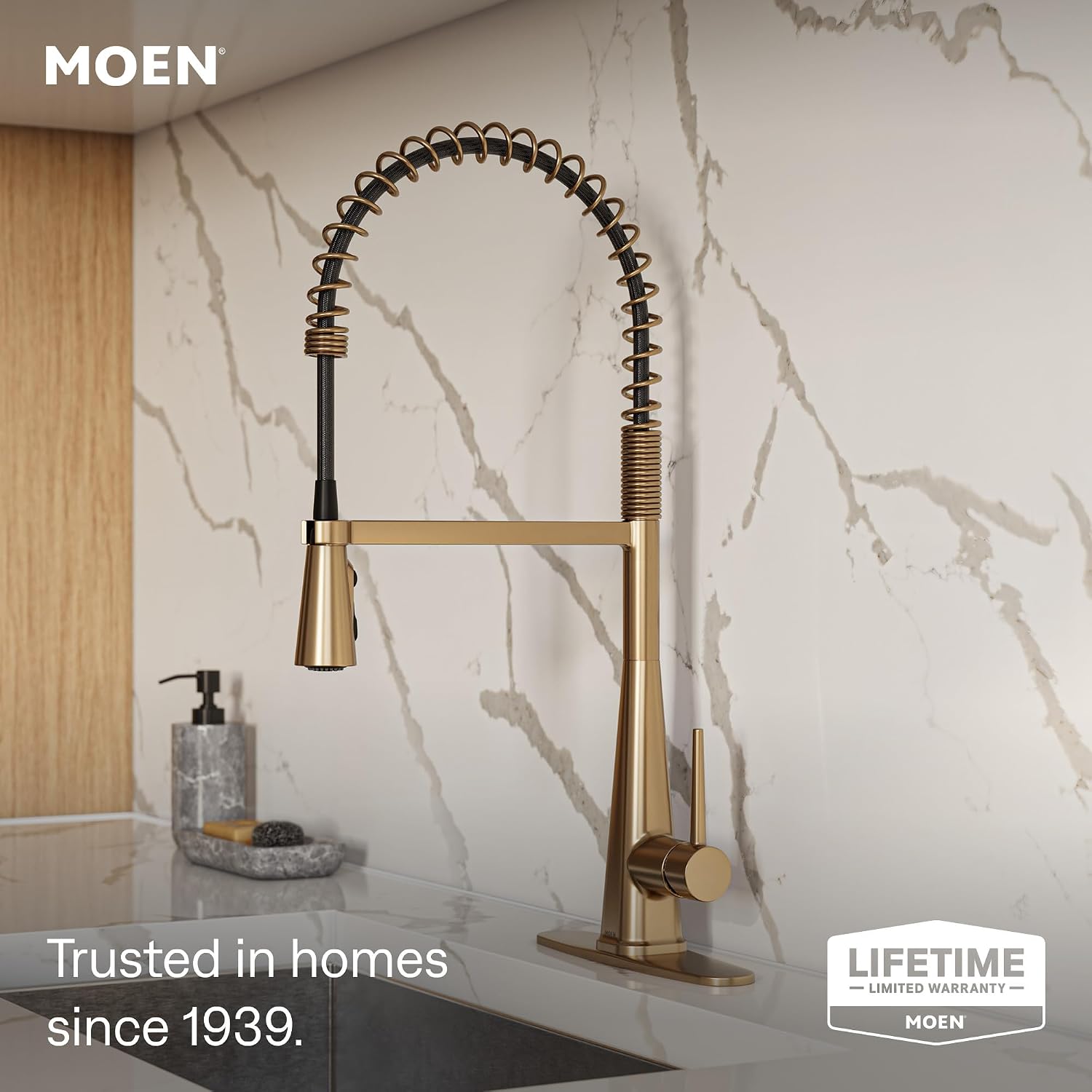 Moen Swyre Spring Pulldown Kitchen Faucet, Bronzed Gold, 87538BZG