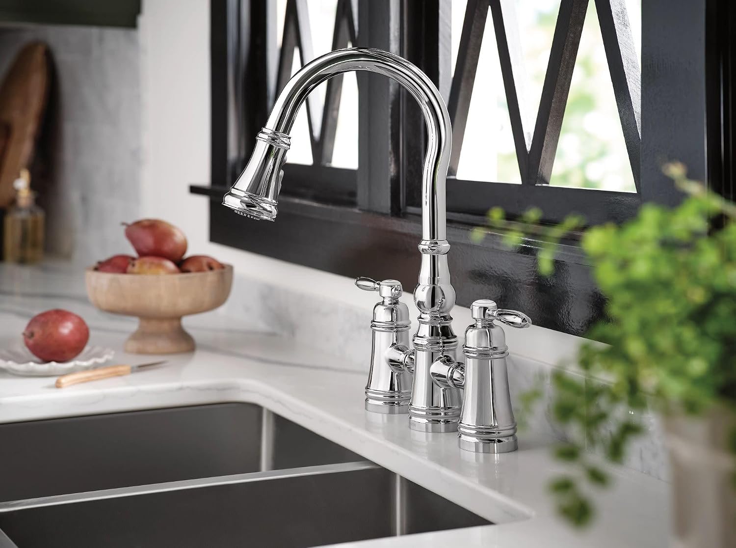 Moen Weymouth Chrome Two Handle Pulldown Bridge Kitchen Faucet, S73204