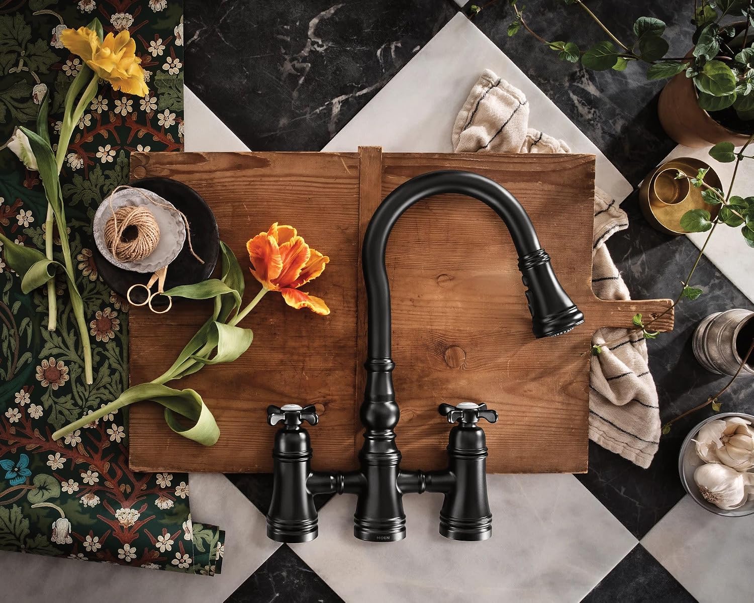 Moen Weymouth Matte Black Two Handle Pulldown Bridge Kitchen Faucet, S73204BL
