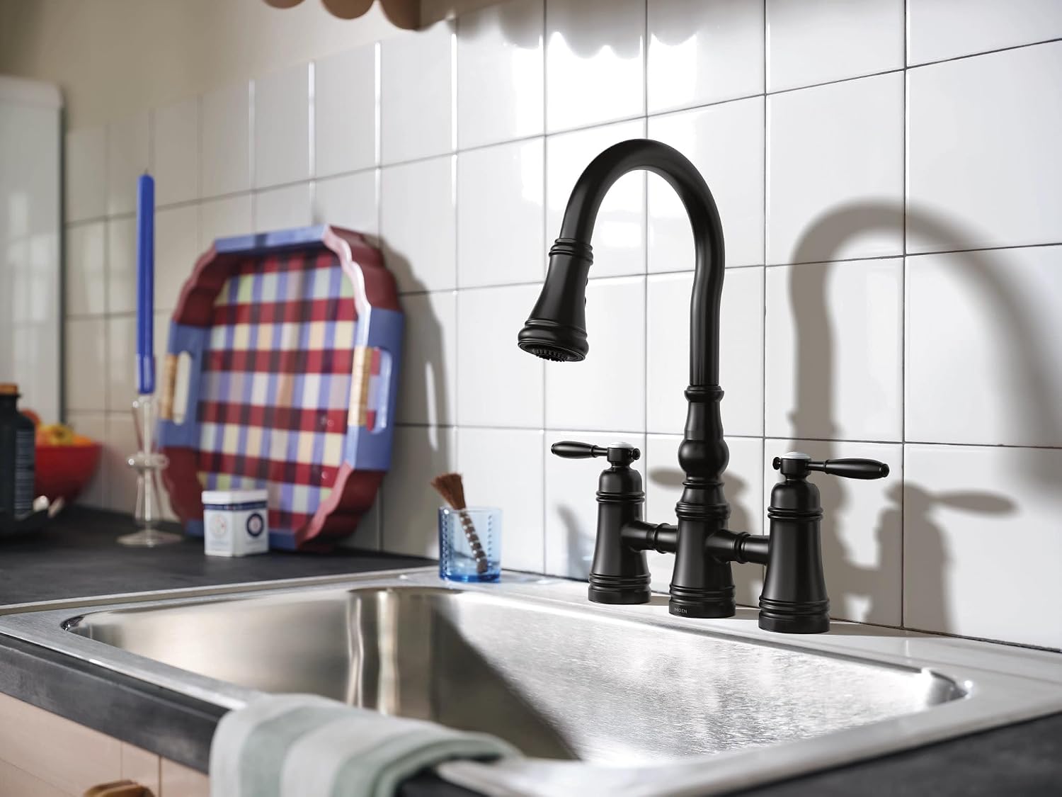 Moen Weymouth Matte Black Two Handle Pulldown Bridge Kitchen Faucet, S73204BL