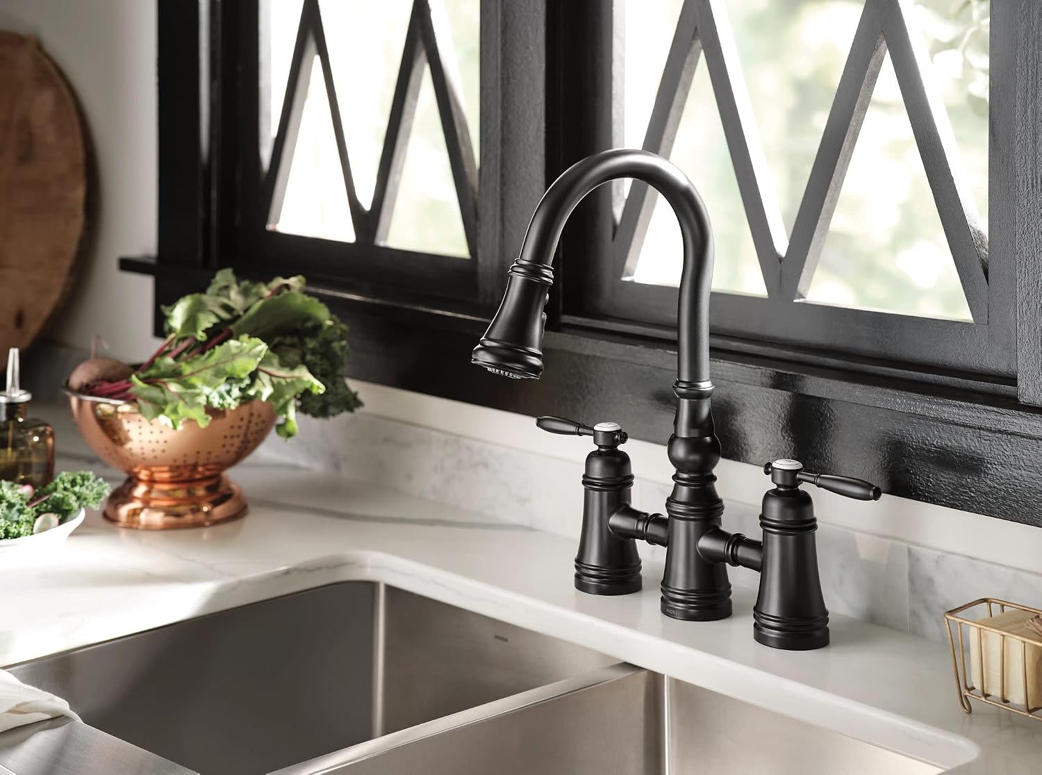 Moen Weymouth Matte Black Two Handle Pulldown Bridge Kitchen Faucet, S73204BL