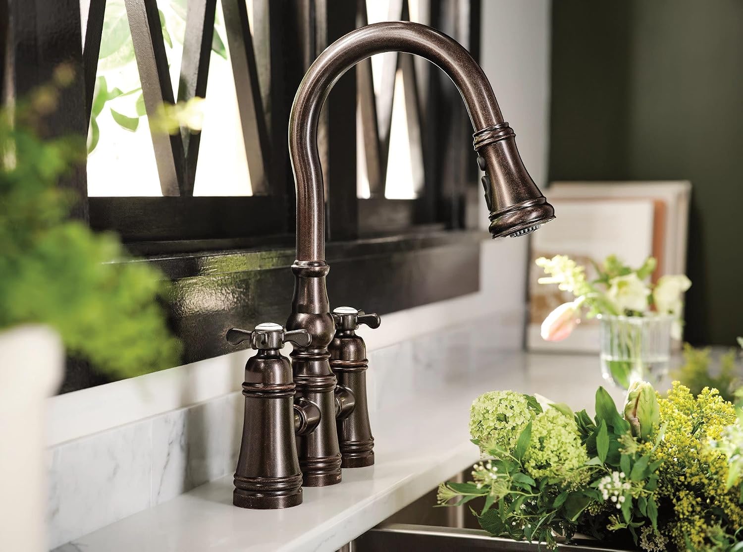 Moen S73204ORB Weymouth Two Handle Pulldown Bridge Kitchen Faucet, Oil Rubbed Bronze