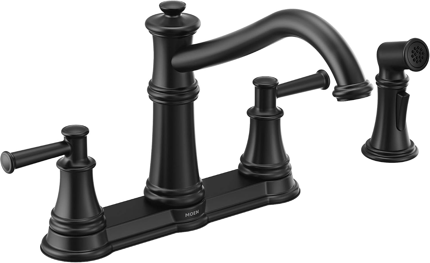 Moen 7255BL Belfield Traditional Two Handle High Arc Kitchen Faucet with Side Spray, Matte Black