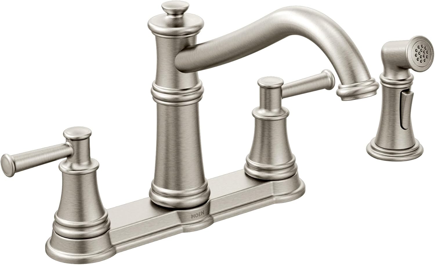 Moen 7255SRS Belfield Traditional Two Handle High Arc Kitchen Faucet with Side Spray, Spot Resist Stainless Stainless Steel