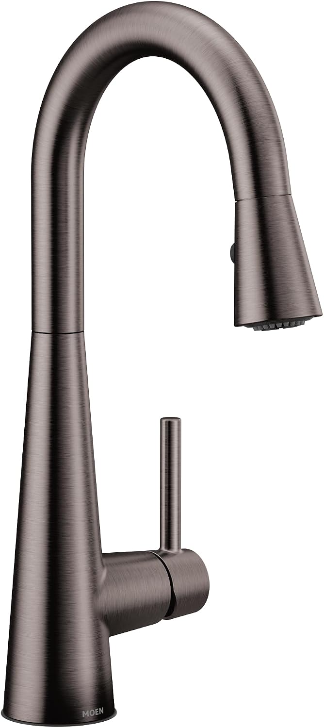 Moen 7664BLS Sleek One-Handle High Arc Pulldown Bar Faucet, Black Stainless Black/Stainless Steel
