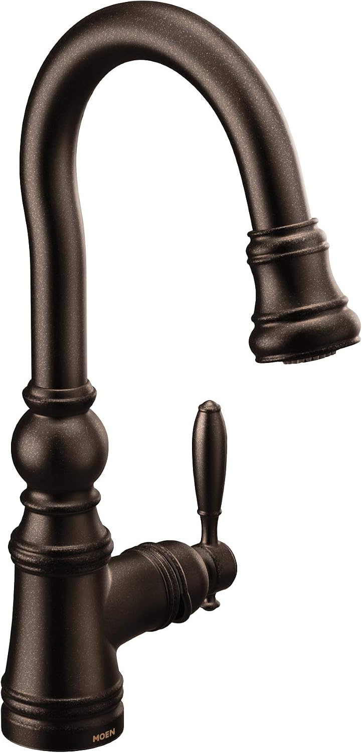 Moen S53004ORB Weymouth Shepherd's Hook Pulldown Kitchen Bar Faucet Featuring Metal Wand with Power Clean, Oil-Rubbed Bronze Oil Rubbed Bronze