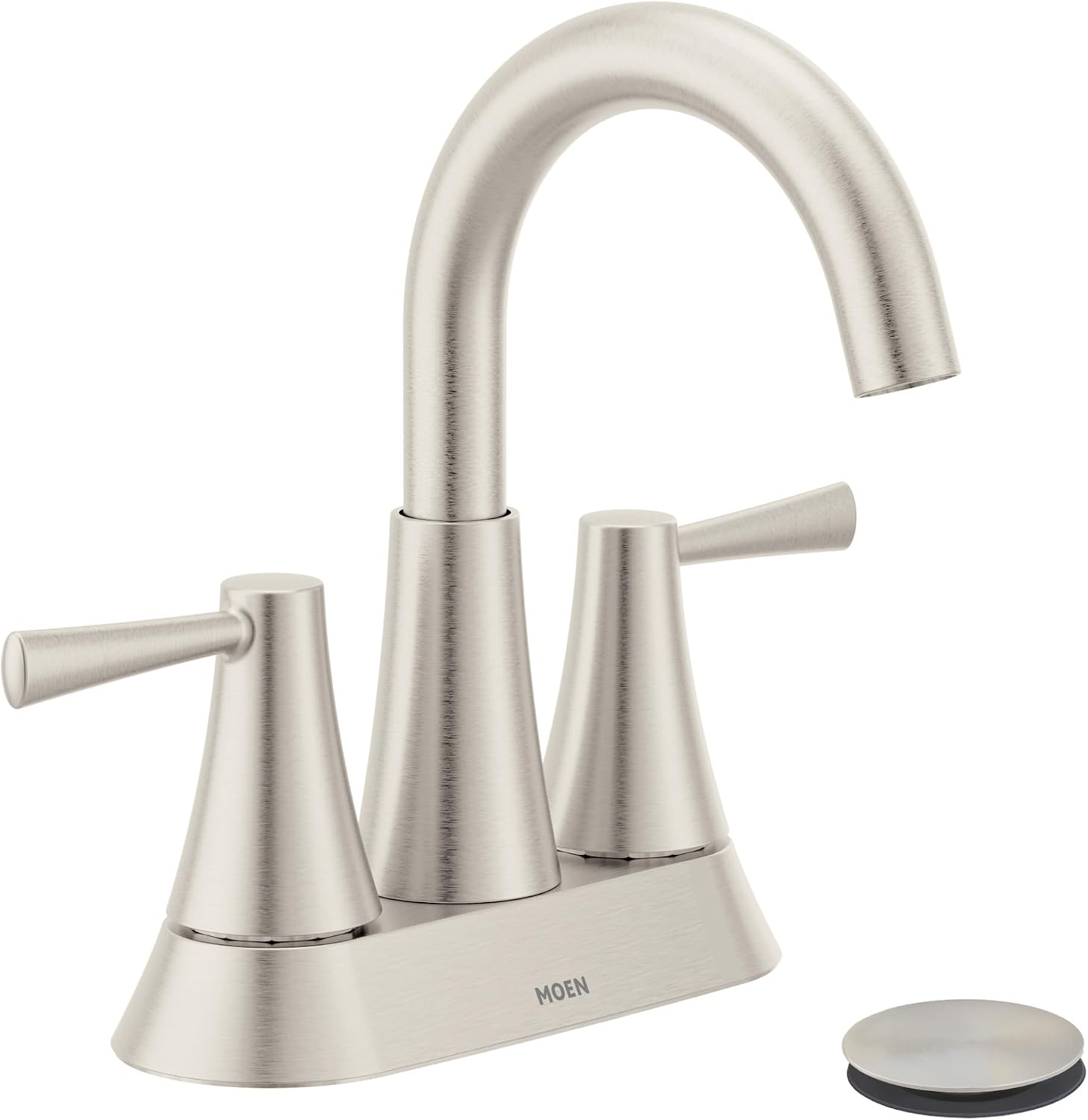 Moen 84022SRN Ronan Two-Handle 4'' Centerset Modern Bathroom Faucet with Push-Down Drain, 1, Brushed Nickel 1 Handle