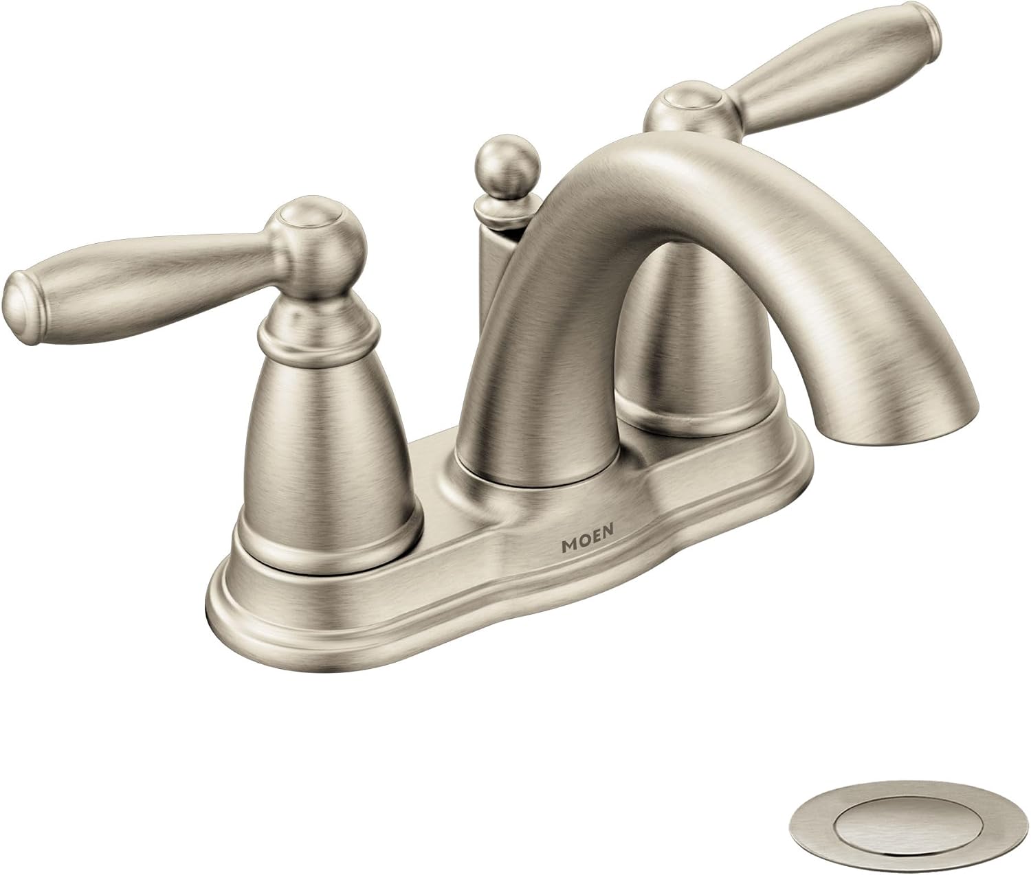 Moen Brantford Brushed Nickel Two-Handle Low-Arc Traditional Centerset Bathroom Faucet with Drain Assembly, 6610BN