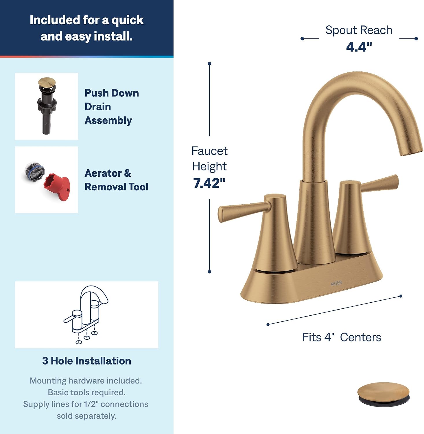 Moen Ronan Centerset Bathroom Faucet, Bronzed Gold, 84022BZG
