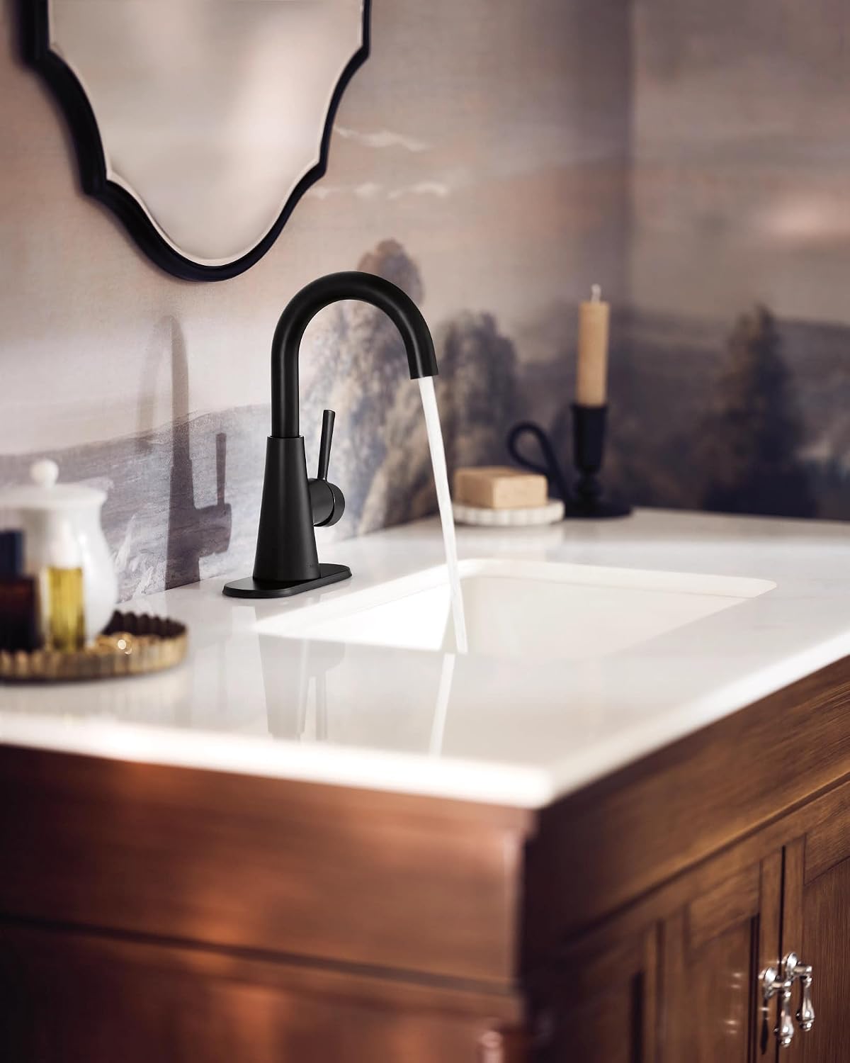Moen Ronan 1-Handle Bathroom Faucet with Deckplate, 84021BL Matte Black