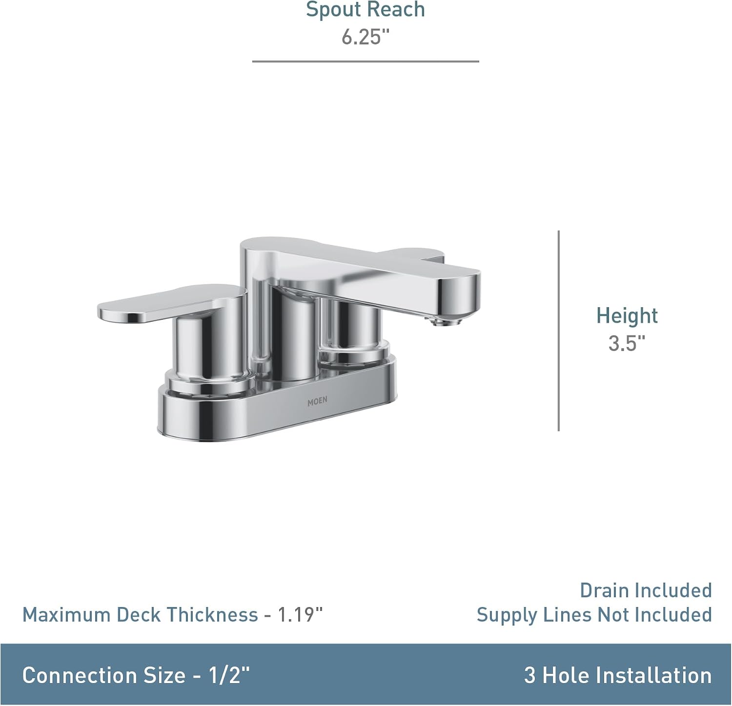Moen 84015 Laris Two 4” Centerset Modern Bathroom Faucet, 2 Handle, Chrome