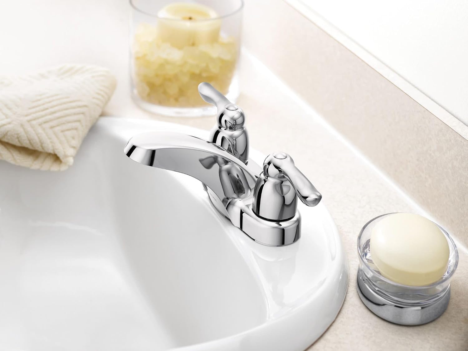 Moen Chateau Chrome Two-Handle Low Arc Bathroom Faucet, 4925
