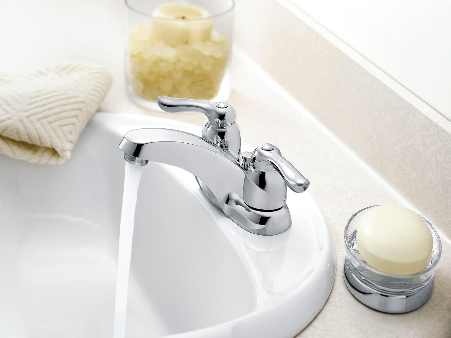 Moen Chateau Chrome Two-Handle Low Arc Bathroom Faucet, 4925